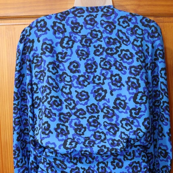 Vintage Royal Blue Black Floral Print Long Sleeve Knee Length Dress 1980s USA - Picture 9 of 15